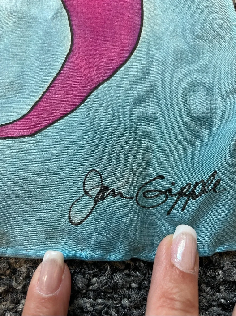 Jan Gipple Signed Vintage Silk Scarf Whimsical Birds Floral Art Print Long